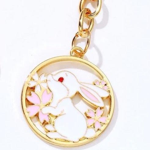 pink Enamel Flower Bunny Rabbit Keyring