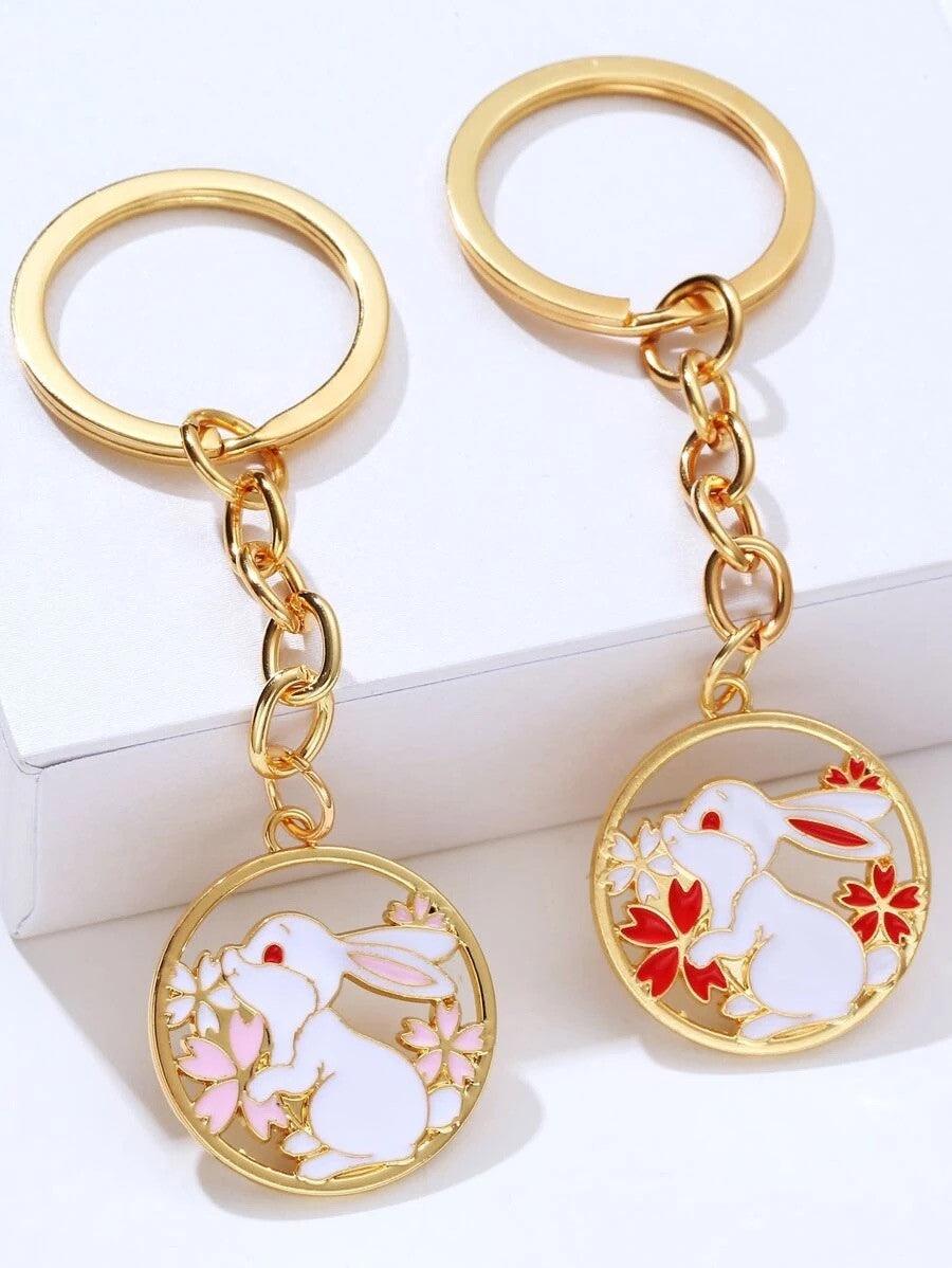 Enamel Flower Bunny Rabbit Keyring
