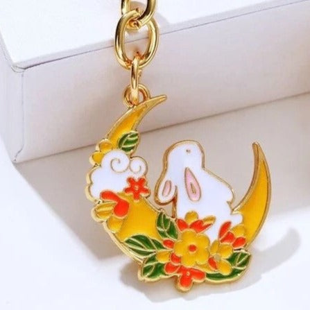 Enamel Lop Bunny Rabbit Moon Keyring - gold