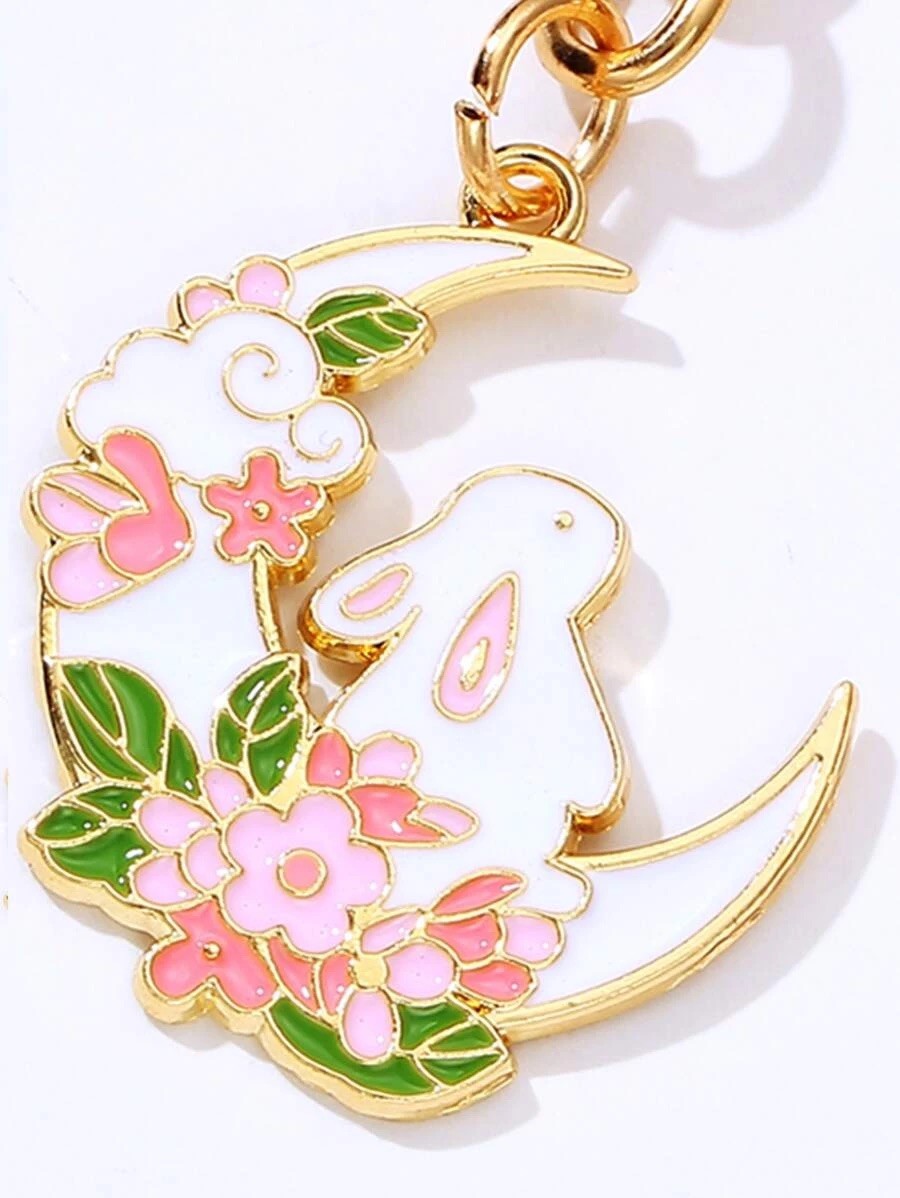 Enamel Lop Bunny Rabbit Moon Keyring - white