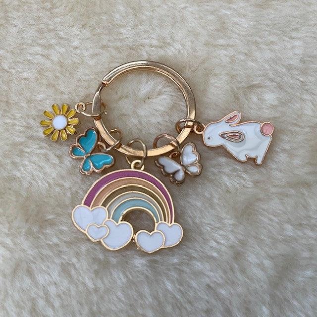 Pretty Rainbow White Bunny Rabbit Keyring