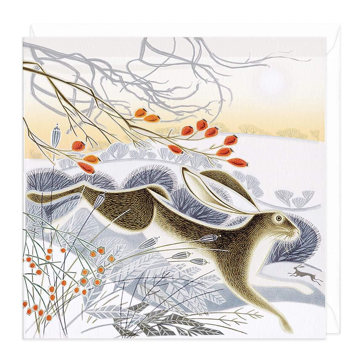 Bounding Hare rabbit Christmas Card