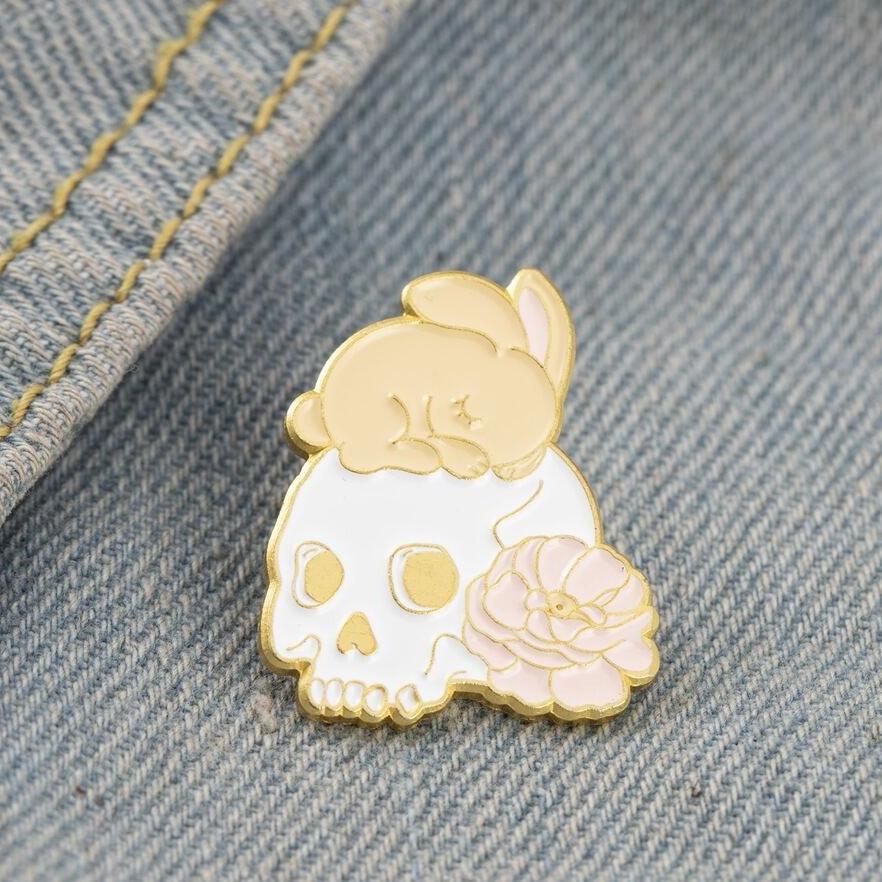 Bunny Rabbit Sleeping On Skull Pin Badge - Bunny Creations