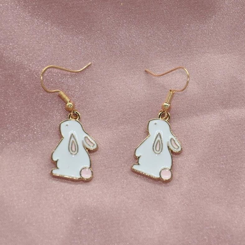 White Lop Bunny Rabbit Enamel Earrings - Bunny Creations