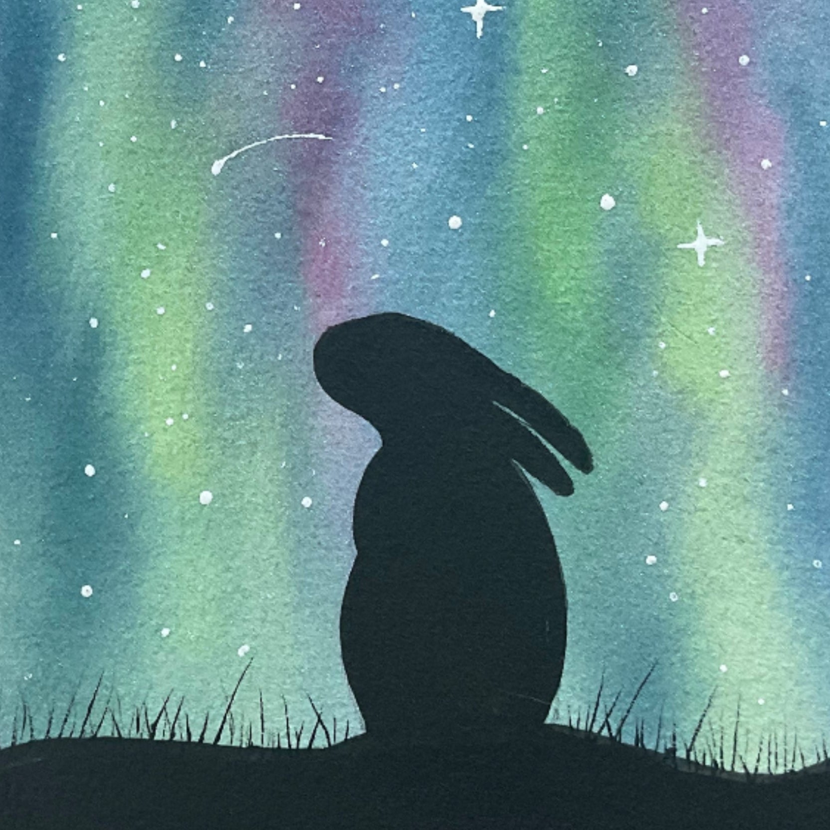 Aurora borealis Bunny Rabbit - Original Watercolour Painting  7” x 5”