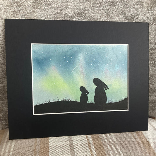 Aurora Borealis Mom & Me Bunnies - Original Watercolour Painting  7” x 5”