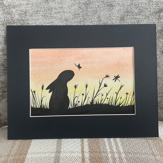 Orange Bunny Sunrise - Original Watercolour Painting  6” x 4”