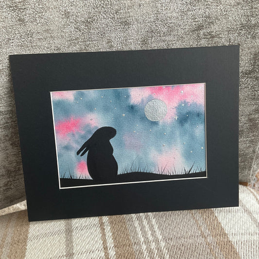 Pink Moon Gazing  Bunny  - Original Watercolour Painting  6” x 4”