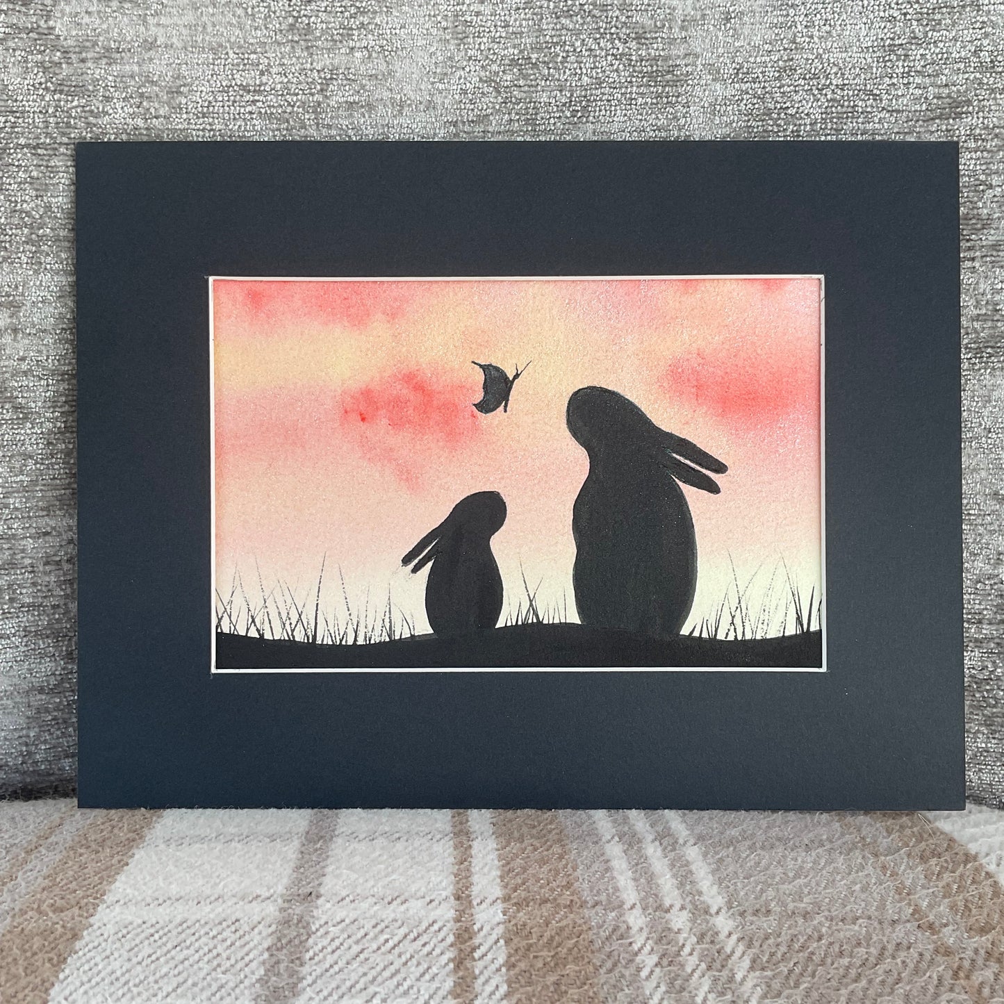 Orange Mother and Baby Bunny Sunrise - Original Watercolour Painting  6” x 4”