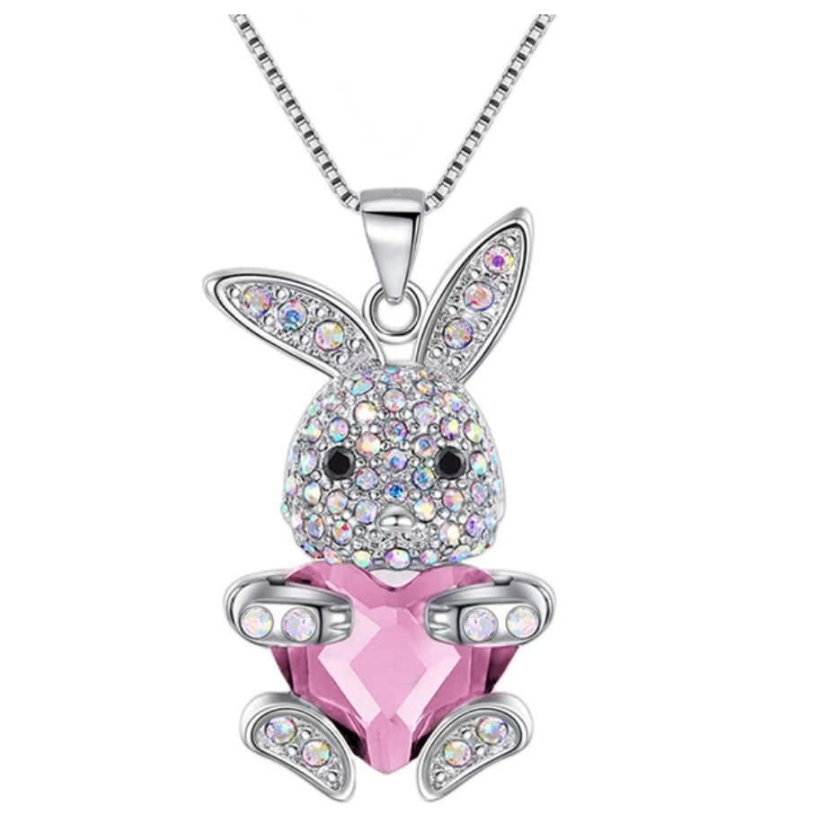 Pink October Birthstone Bunny Rabbit Necklace