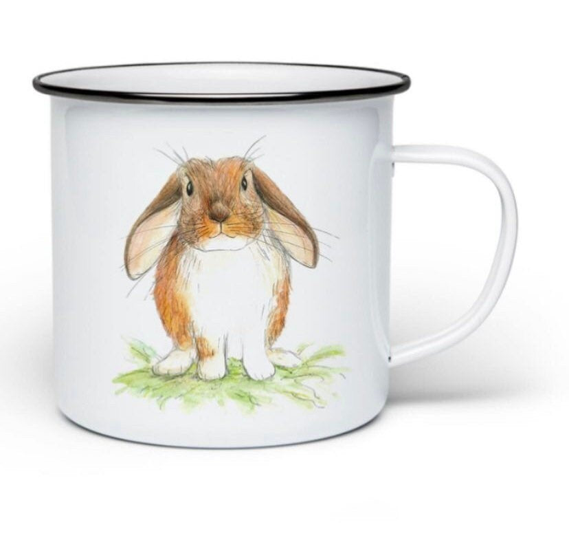  8cm tall enamel mug with metal rim > 7.9 diameter across the printed bottom > Handle measures approx. 3.3cm from side Front