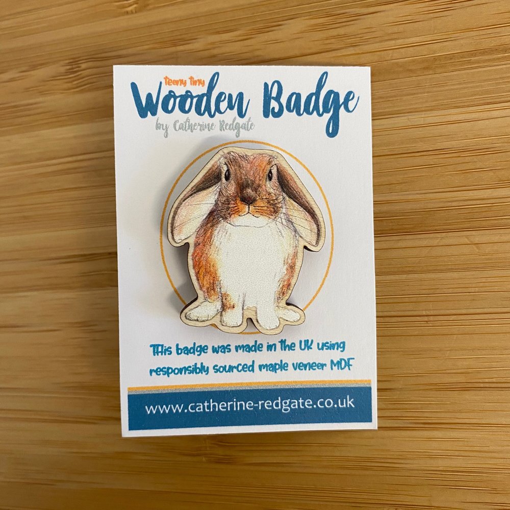 Lop Bunny Rabbit Wooden Badge On display card