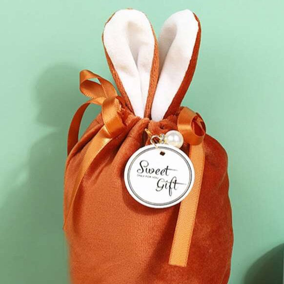 Rusty Orange Velvet Bunny Rabbit Gift Bag for Socks or Small Items
