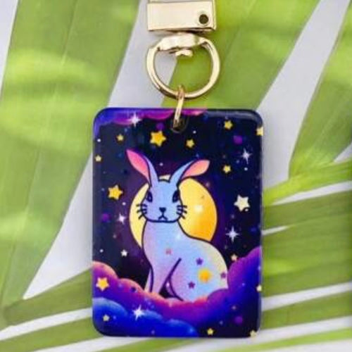Moon Gazing Bunny Rabbit Sparkle Keyring/Bag Charm Close up