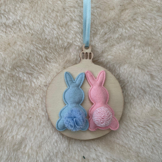 Handmade Two Bunny Rabbits Wooden Bauble Christmas Decoration - Red & Green - Bunny Creations