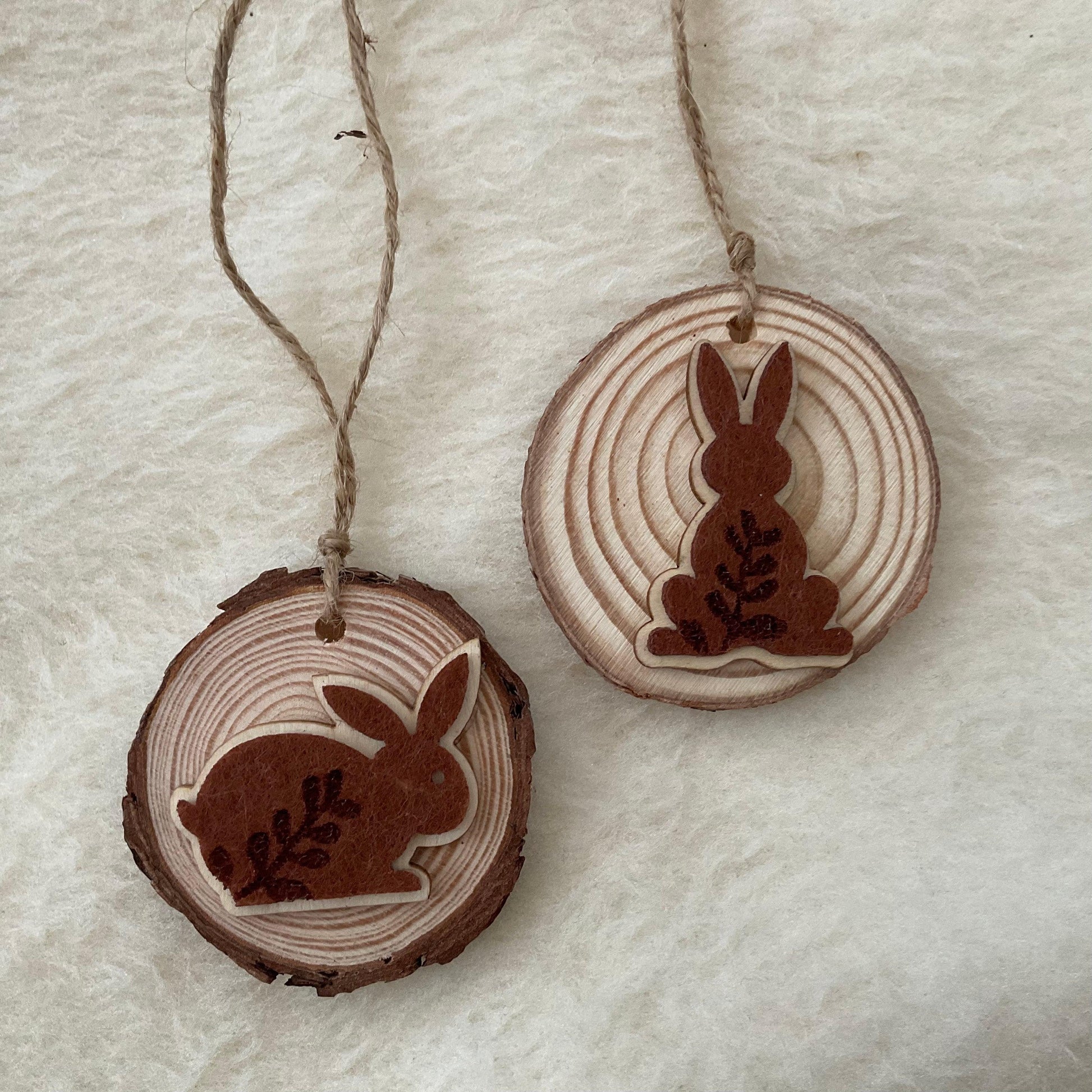 Set of 2 Handmade Felt Bunny Rabbit Wooden Christmas Tree Decorations