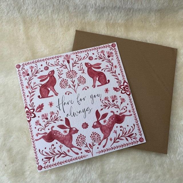 Hare For You Always Red Folk Bunny Rabbit Card with envelope