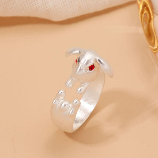 Adjustable Lop Eared Bunny Rabbit Rhinestone Silver Ring