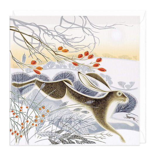 Bounding Hare rabbit Christmas Card 