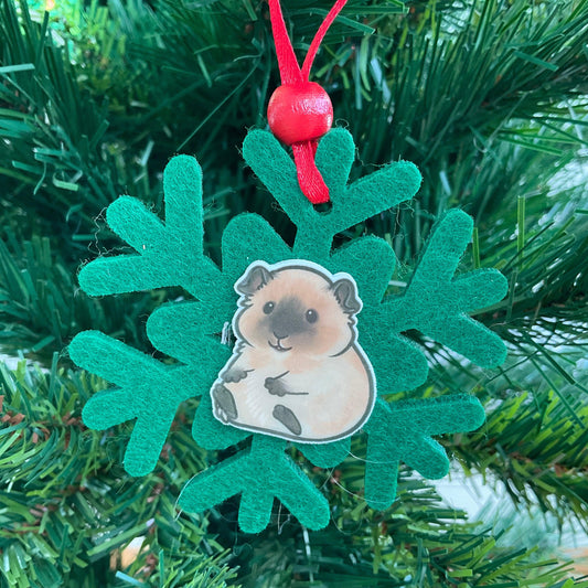 Green Felt Guinea Pig Snowflake Christmas Tree Decoration - Bunny Creations