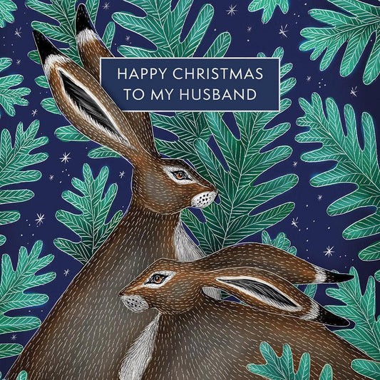 Happy Christmas Husband Two Hares Card - Bunny Creations