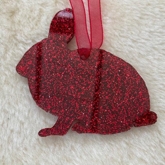 red Glitter Bunny Rabbit Hanging Christmas Decoration